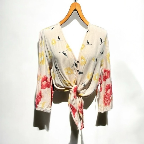 🌻BILLABONG Desert Sunrise Peach Floral Print Button-Up Tie-Front Top Size Small - Picture 3 of 11